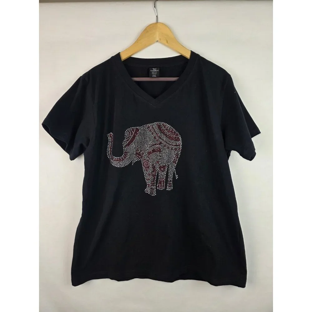 Rhinestone Elephant Women's Shirt Size 2XL Black Embellished Short Sleeve Top